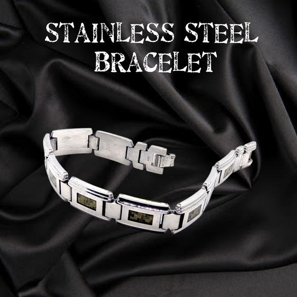 Stainless Steel Unisex Bracelet with Tungsten Green Fiber Accents - Picture 3 of 10